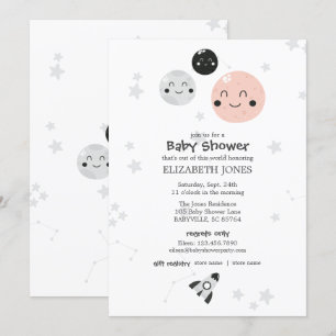 Cute Rosa Kawaii Planet och Måne Baby Shower Inbjudningar