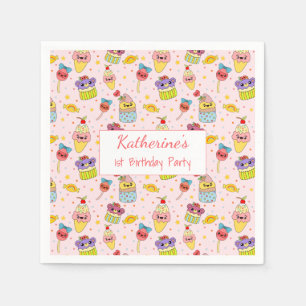 Cute Rosa Kawaii Sweets Lycklig 1:a födelsedagen Pappersservett