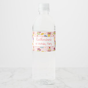 Cute Rosa Kawaii Sweets Lycklig 1:a födelsedagen Vattenflaskor Etikett