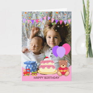 Cute Rosa Kids Leksaker Birthday Celebréfoto Kort