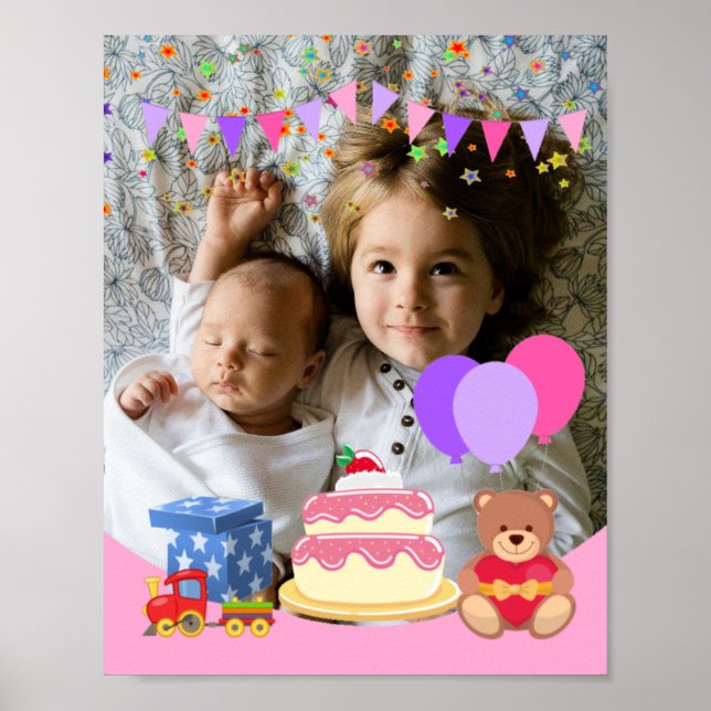Cute Rosa Kids Leksaker Birthday Celebréfoto Poster (Framsidan)