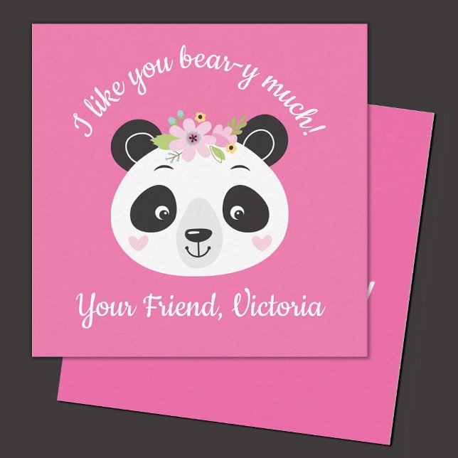 Cute Rosa Kids Panda Classroom Valentines day Anteckningskort (Cute panda valentine.  perfect for a kids classroom exchange. personalize it with your kids name.)