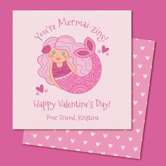 Cute Rosa Kids Sjöjungfru Valentine Note Card Anteckningskort (A cute mermaid mini valentine. Personalize it for your girls classroom valentine exchange)