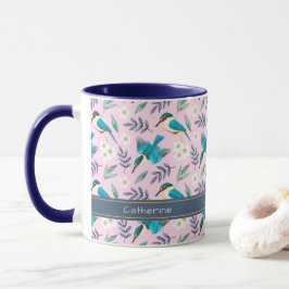 Cute Rosa Kingfisher Birds Blommönster Namn Mugg