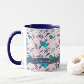 Cute Rosa Kingfisher Birds Blommönster Namn Mugg