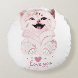 Cute Rosa Kitten "I Kärlek You" Round Pillow Rund Kudde