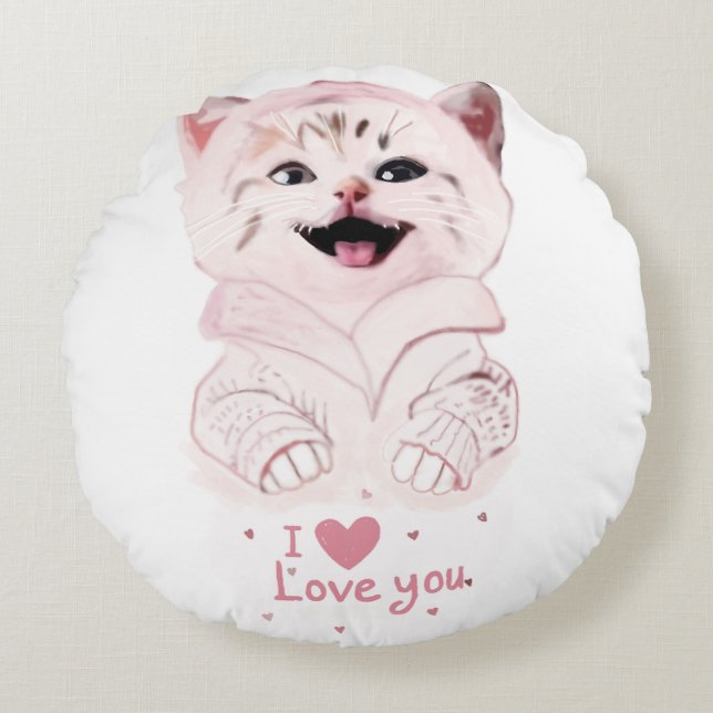 Cute Rosa Kitten "I Kärlek You" Round Pillow Rund Kudde (Framsidan)