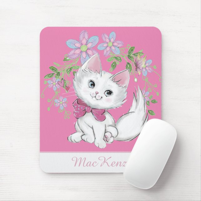 Cute Rosa Kitten och Flowers Girl Musmatta (Med mus)