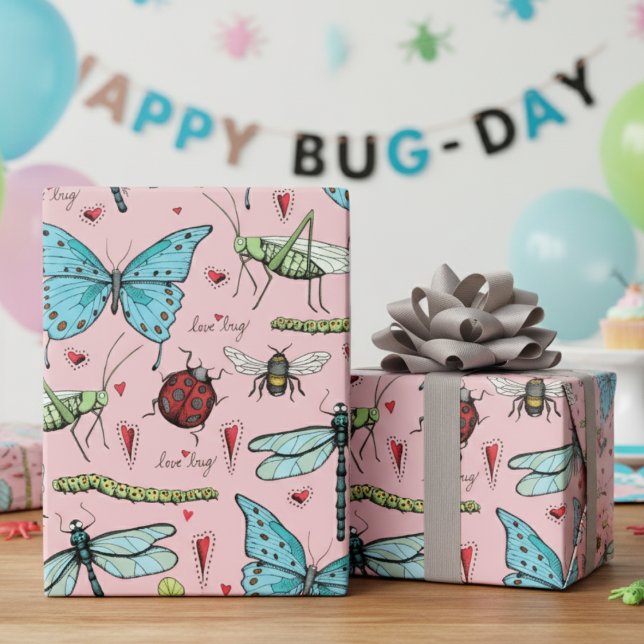 Cute Rosa Kryp Insekt för Kryp Älskare Presentpapper (Cute Bugs Insects Wrapping Paper for Kids in Pink. Butterflies, Dragonflies, Ladybugs, Bees, Worms)