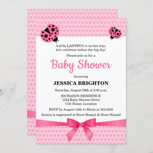Cute Rosa Ladybug Baby Shower Inbjudningar (Fram/baksida)