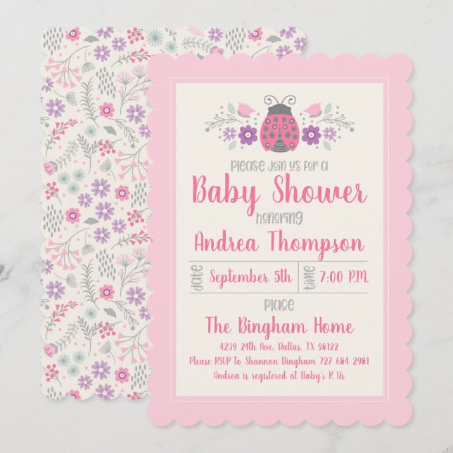 Cute Rosa Ladybug Girl Baby Shower-inbjudan Inbjudningar (Fram/baksida)