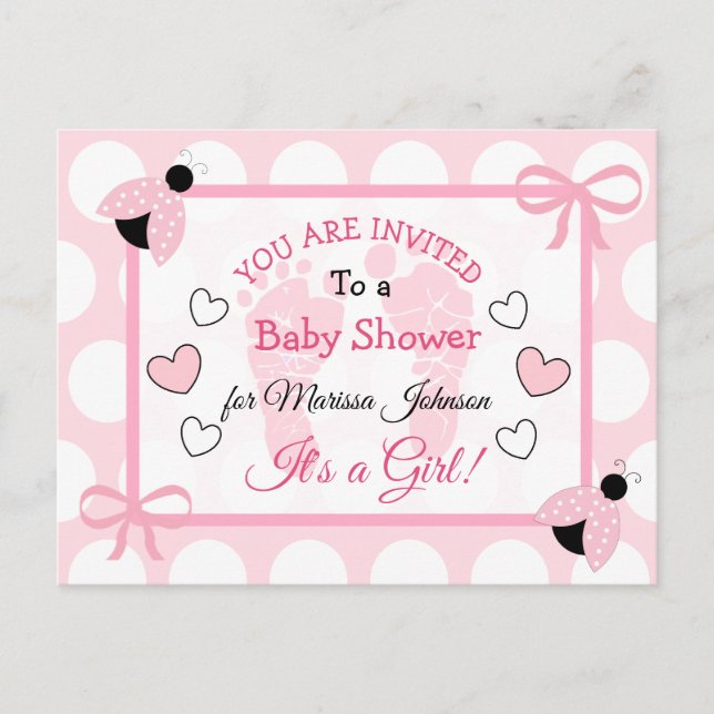 Cute Rosa Ladybug Girl's Baby Shower Thworthy Inbj Vykort (Framsida)