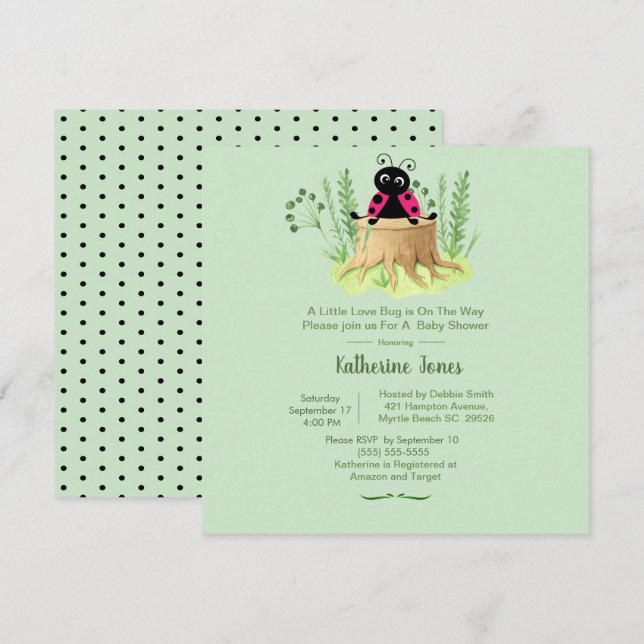 Cute Rosa Ladybug i Skogen Baby Shower Inbjudningar (Fram/baksida)