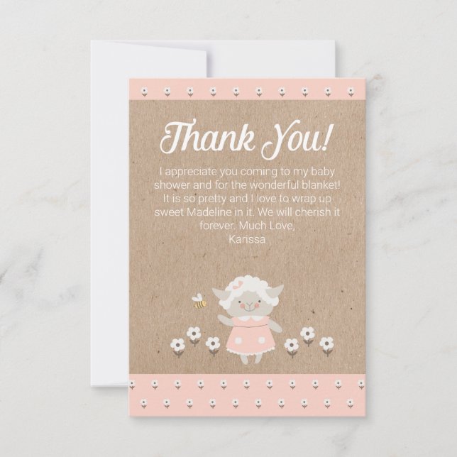 Cute Rosa Lamb Girl Baby Shower Tack för ditt kort (Framsida)