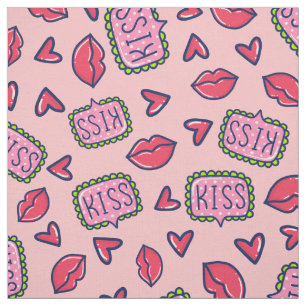 Cute Rosa Läppar Kisses & Hearts Doodle Patterned Tyg