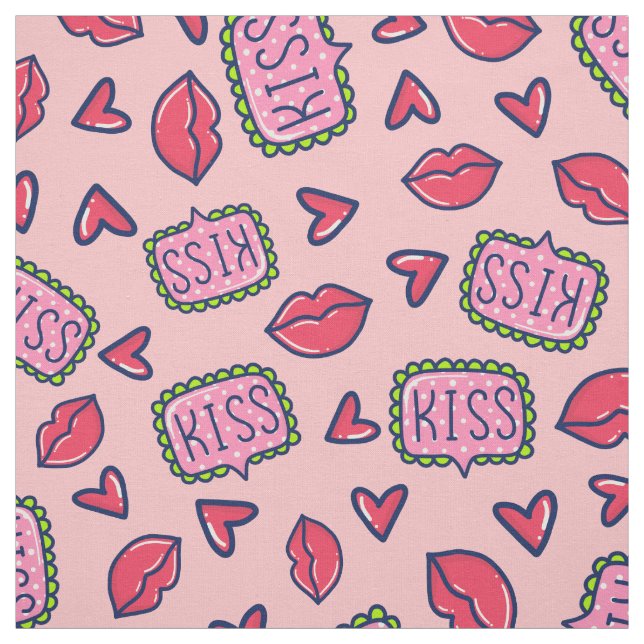 Cute Rosa Läppar Kisses & Hearts Doodle Patterned Tyg (Provkarta)