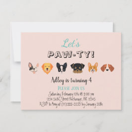 Cute Rosa Låt oss Pawty Girl Puppy Födelsedagsfest Inbjudningar