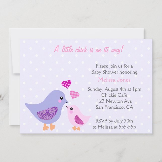 Cute Rosa & Lila Bird Baby Shower-inbjudan Inbjudningar (Framsida)
