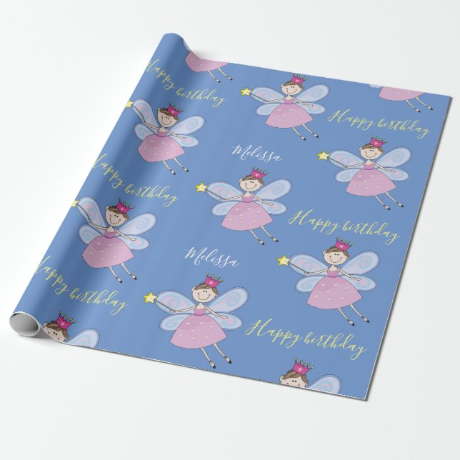 Cute Rosa Lila Blue Fairy Birthday Personlig Presentpapper (Utrullad)