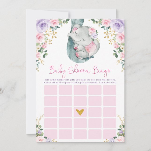 Cute Rosa Lila Elephant Bingo Baby Shower Game Inbjudningar (Framsida)