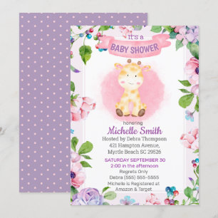 Cute Rosa Lila Giraffe Blommigt Baby Shower Inbjudningar