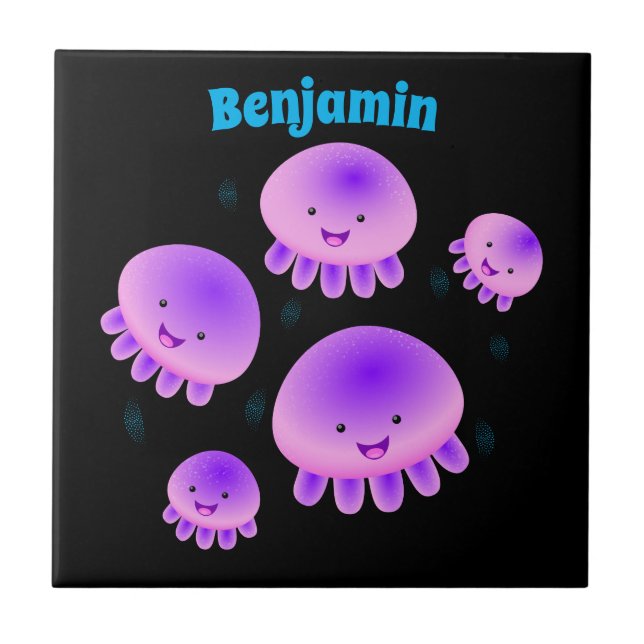 Cute rosa lila jellyfish kawaii tecknad kakelplatta (Framsidan)