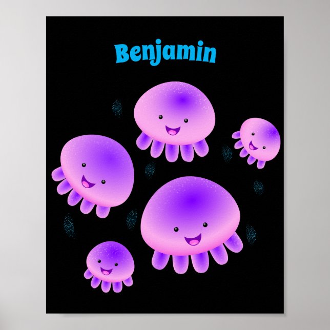 Cute rosa lila jellyfish kawaii tecknad poster (Framsidan)