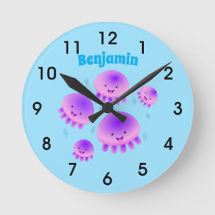 Cute rosa lila jellyfish kawaii tecknad rund klocka