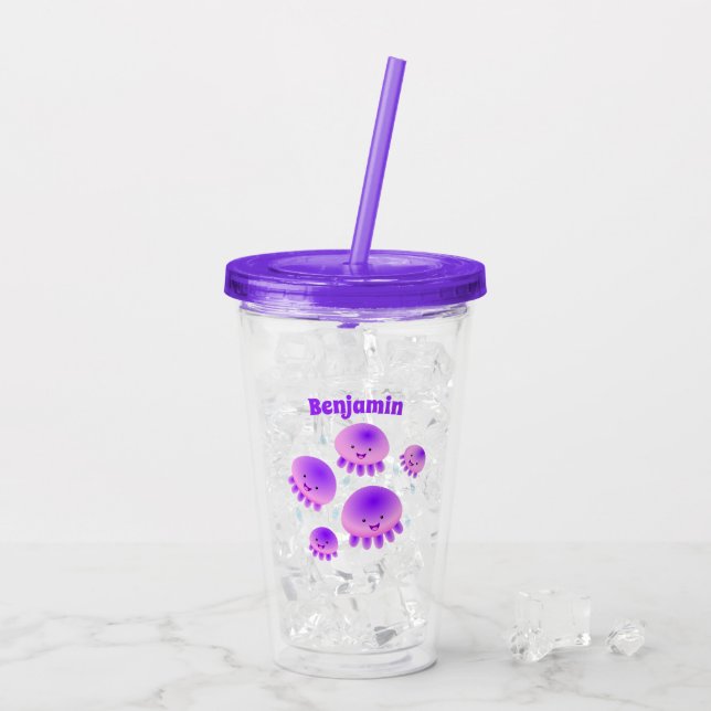 Cute rosa lila jellyfish kawaii tecknad take away mugg (Baksida Ice)