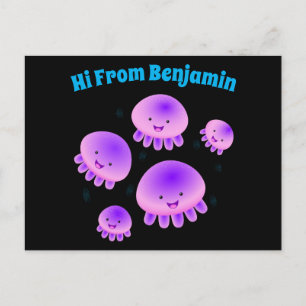 Cute rosa lila jellyfish kawaii tecknad vykort