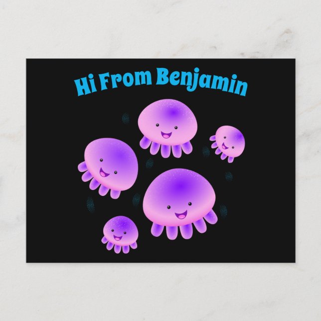 Cute rosa lila jellyfish kawaii tecknad vykort (Framsida)