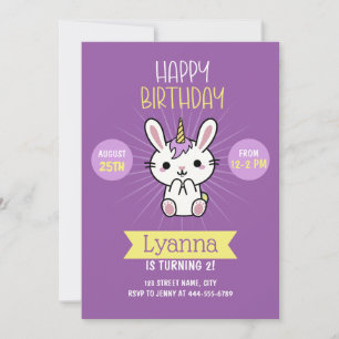 Cute Rosa Lila Kawaii Unicorn 2:a födelsedagen Inbjudningar