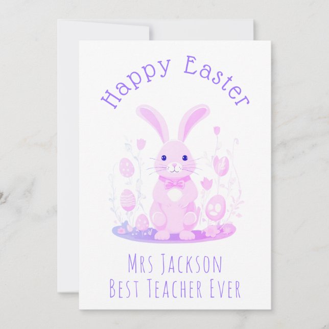Cute Rosa Lila Påskhare Preschool Lärare Julkort (Framsida)