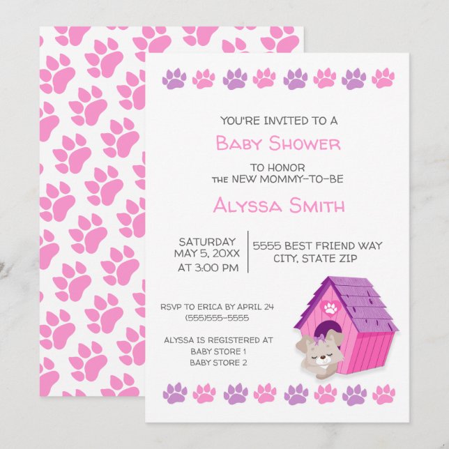 Cute Rosa Lila Puppy Hund Baby Shower Inbjudan (Fram/baksida)