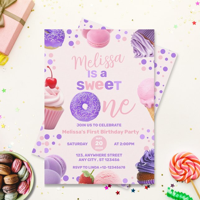 Cute Rosa Lila Sweet One Girl's 1st Birthday Inbjudningar (Skapare uppladdad)