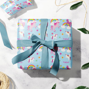 Cute Rosa Lila Unicorns och Rainbows Girls Presentpapper
