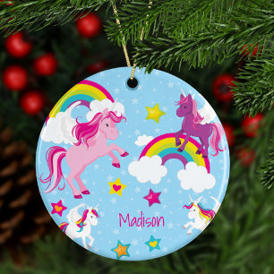 Cute Rosa Lila Unicorns och Rainbows jul Julgransprydnad Keramik