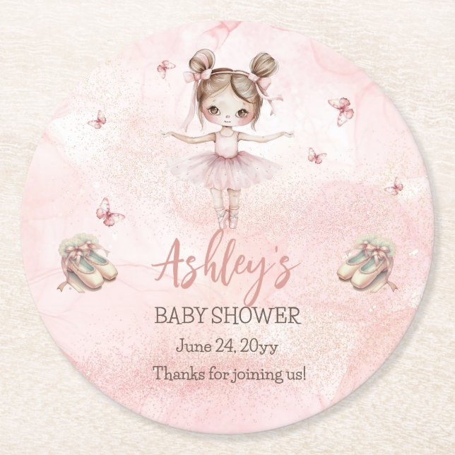 Cute Rosa Little Ballerina Tutu Girl Baby Shower Underlägg Papper Rund (Framsidan)