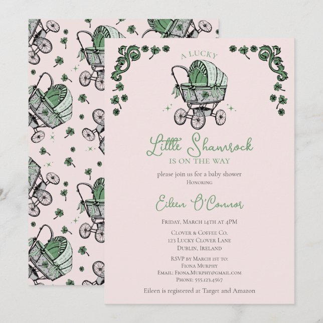 Cute Rosa Little Shamrock St Patricks Baby Shower Inbjudningar (Fram/baksida)