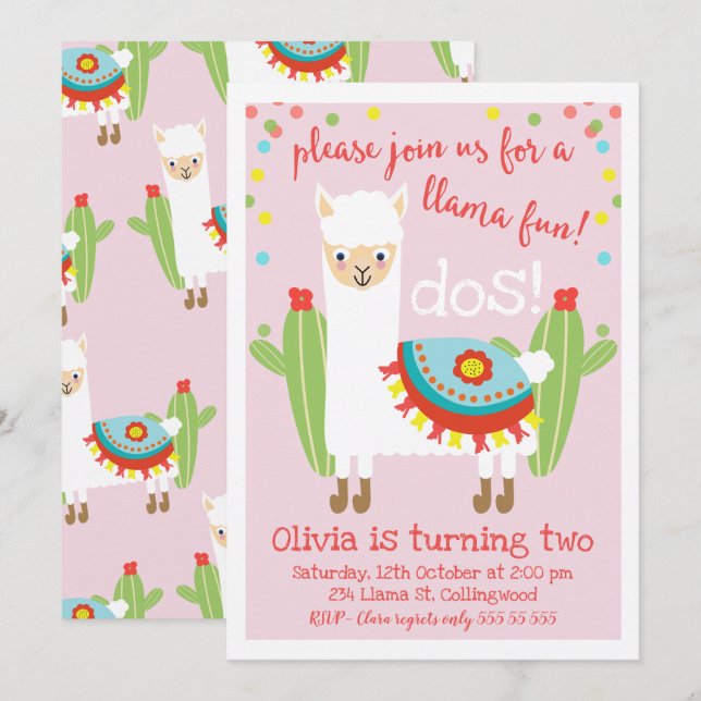 Cute Rosa Llama Cactus Birthday Investigation Inbjudningar (Fram/baksida)