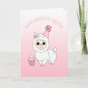 Cute Rosa Llama Girl's Personlig Grattis på födels Kort