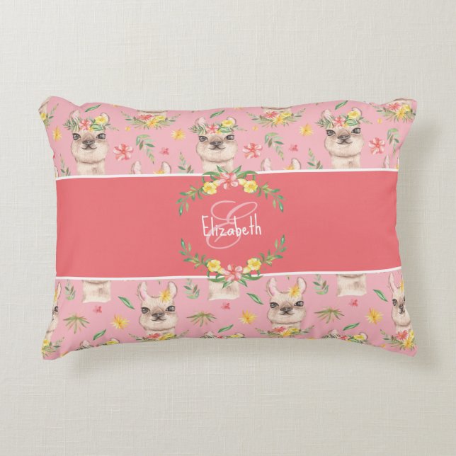 Cute Rosa Llama Mönster för Little Girls Cotton Prydnadskudde (Framsidan)