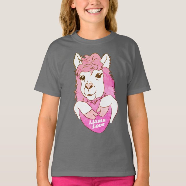 Cute Rosa Llama Sketch & Heart Tee Shirt (Framsida)