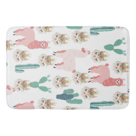 Cute Rosa Llama's and Grönt Cactus Badrumsmatta