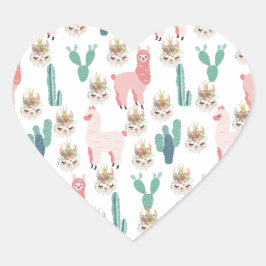 Cute Rosa Llama's and Grönt Cactus Hjärtformat Klistermärke
