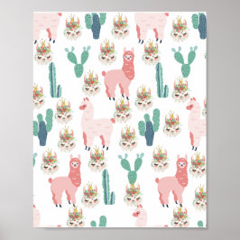 Cute Rosa Llama's and Grönt Cactus Poster