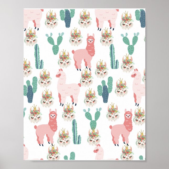 Cute Rosa Llama's and Grönt Cactus Poster (Framsidan)