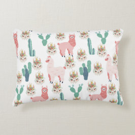 Cute Rosa Llama's and Grönt Cactus Prydnadskudde