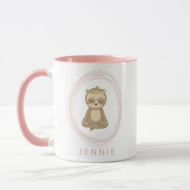 Cute Rosa Lotus Yoga Sloth Design Personlig Mugg (Vänster)