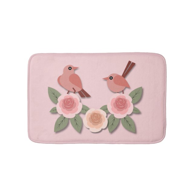 Cute Rosa Love birds och Blommar Ro Badrumsmatta (Framsidan)